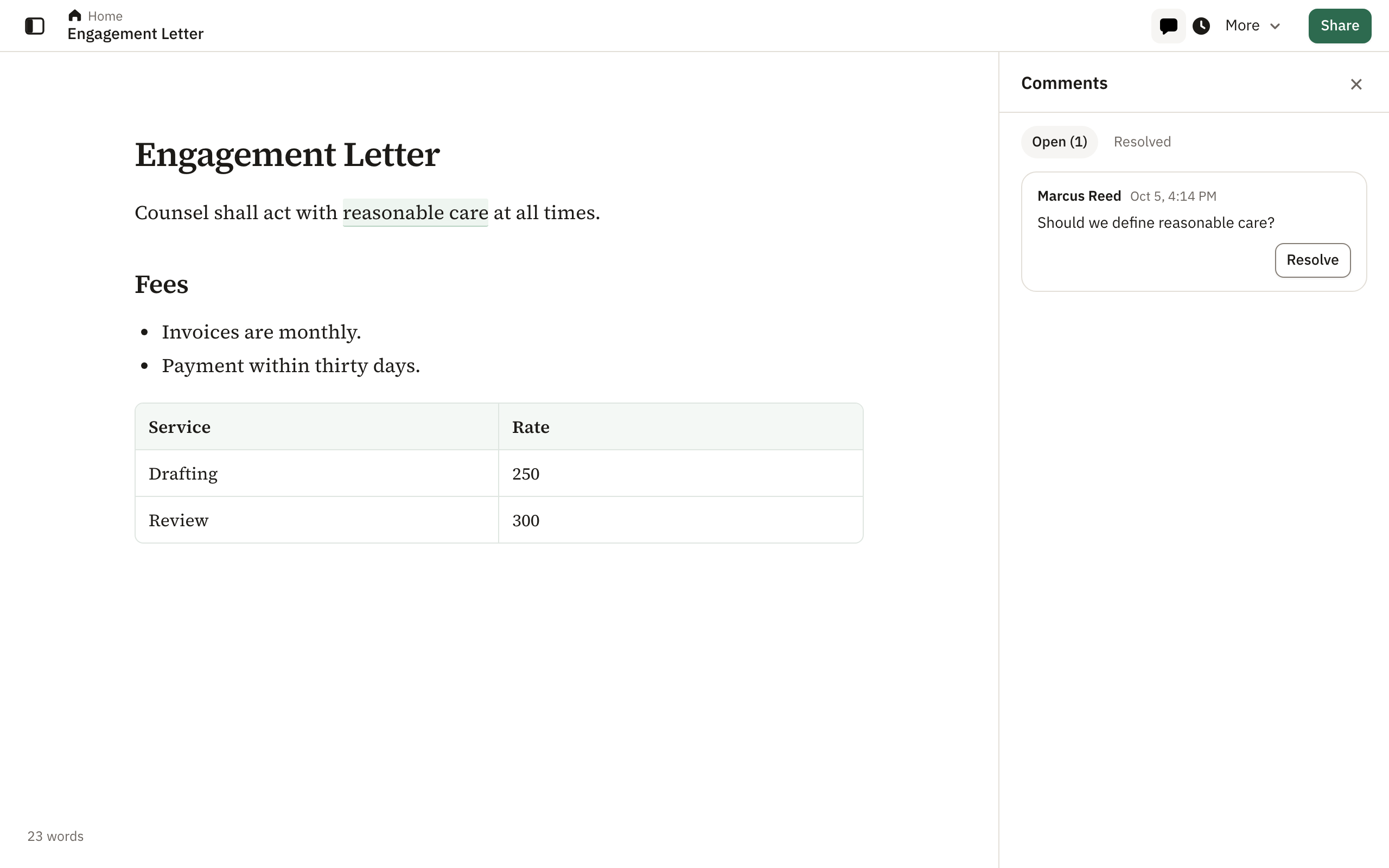 Highlighted text in a document, and its comment in the Comments panel, ready to resolve