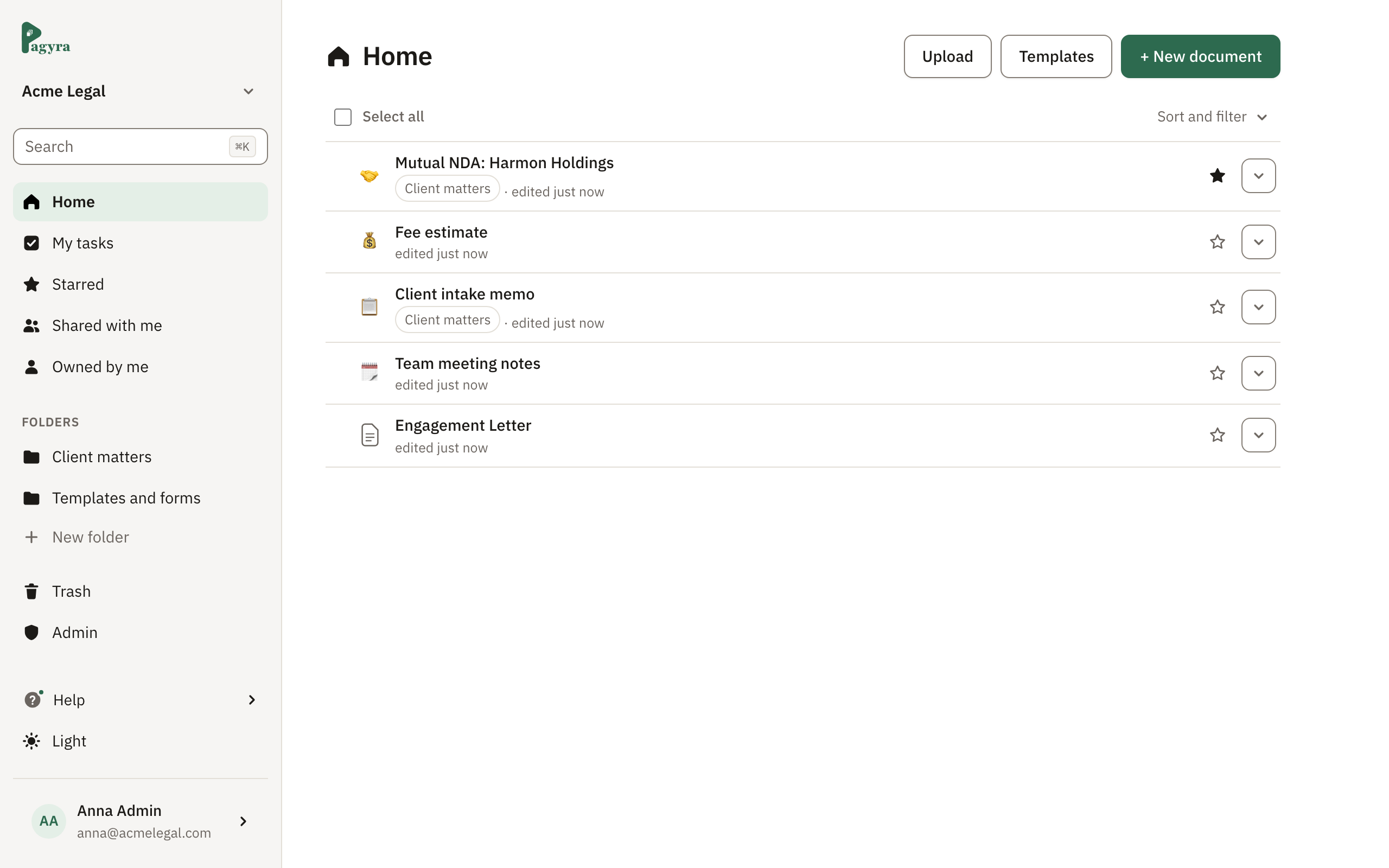 Home in Pagyra, with the sidebar and the workspace’s documents, each with its page icon
