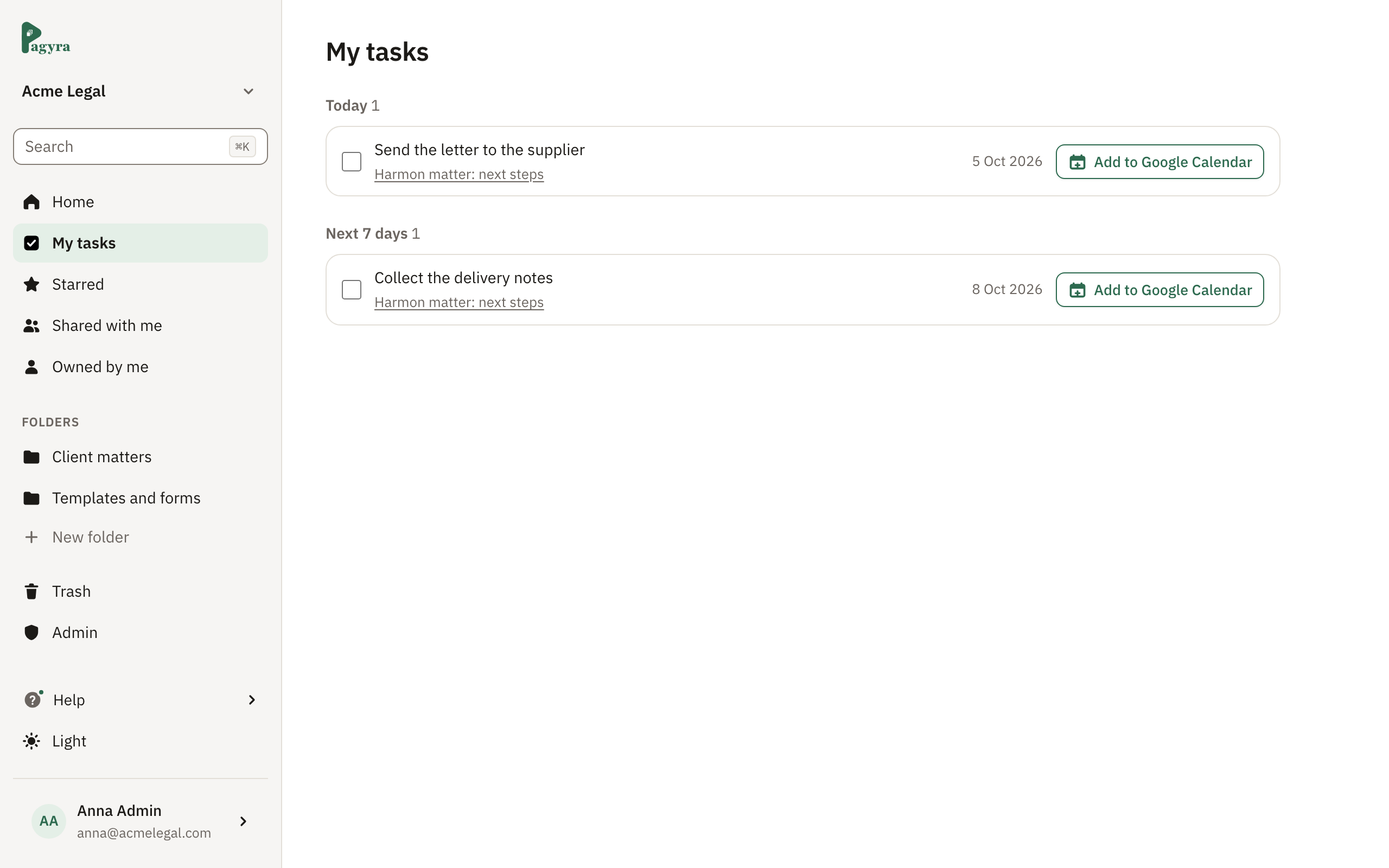 My tasks: what is due today and in the next seven days, each linked to its document