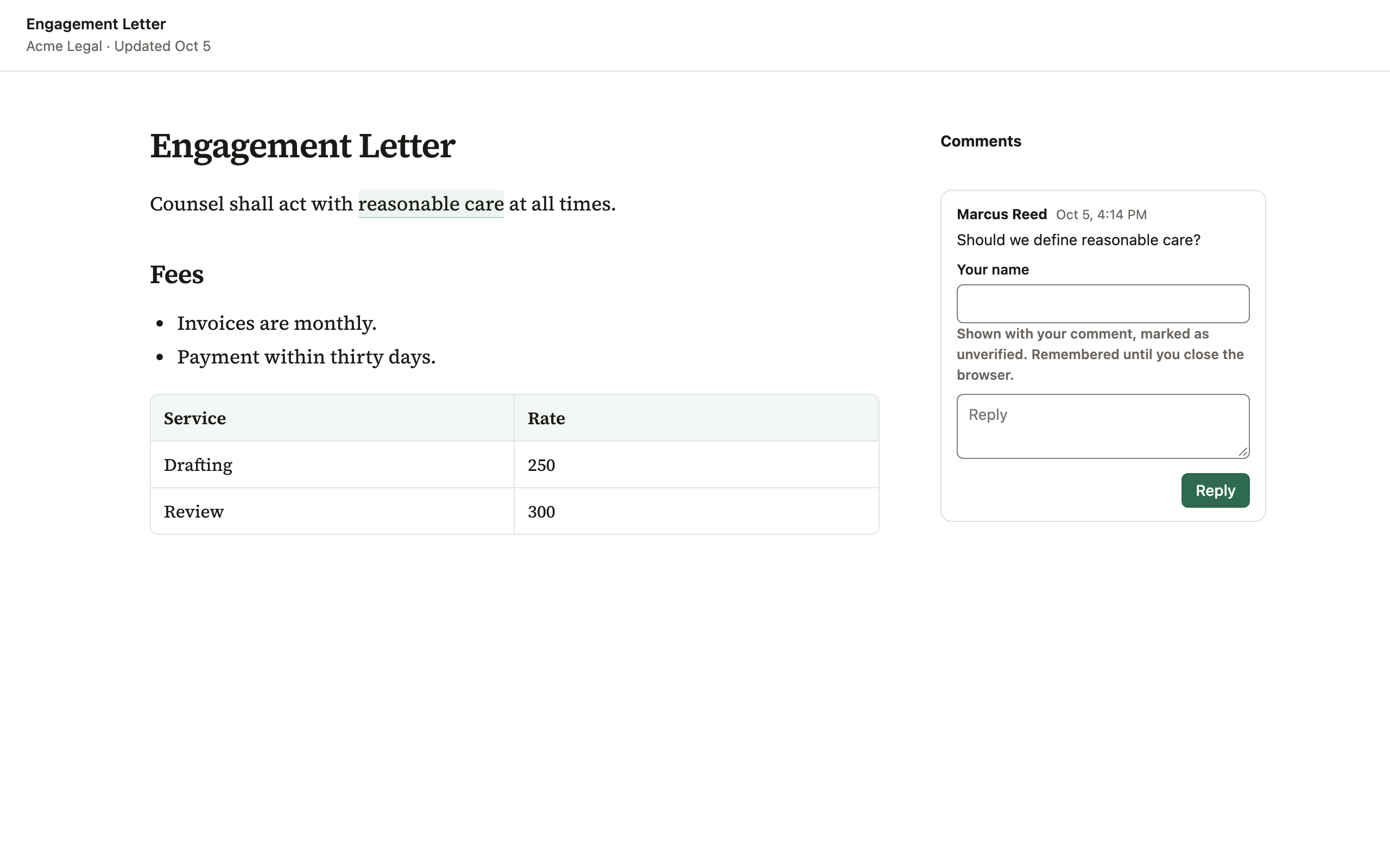 A shared document opened by link, with a comment and a box for the reader’s name