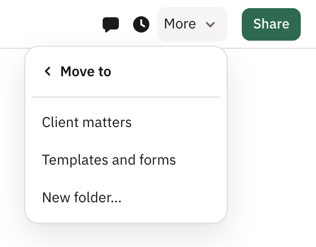 Move to in the More menu, listing the workspace’s folders